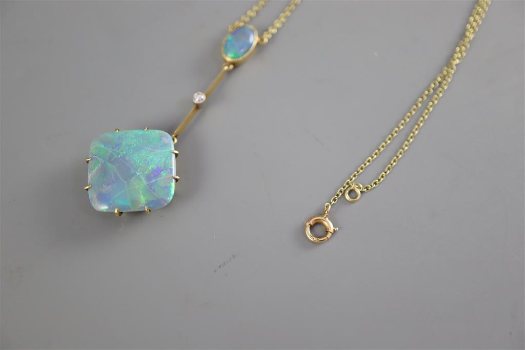 An early 20th century 15ct gold, diamond and two stone opal set drop pendant necklace,